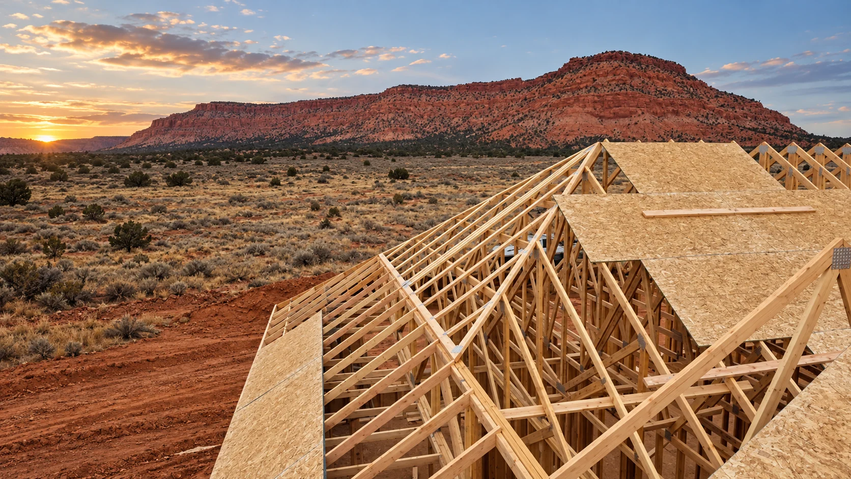 Southern Utah residential roof framing against red cliffs