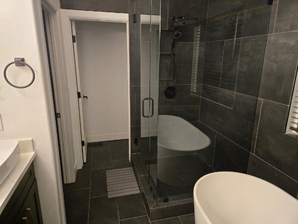 Glass shower enclosure and freestanding white tub in a dark-tiled bathroom.